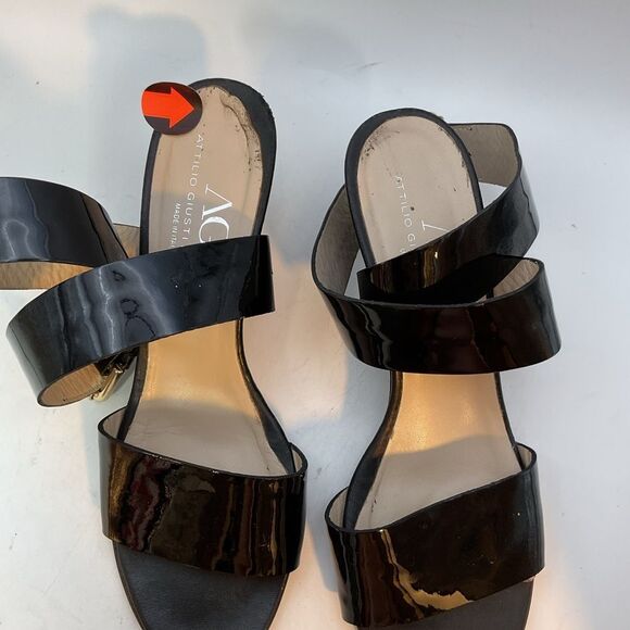 AGL LADIES SHOES 37 1/2 black patent strappy capsule heels sandals minimalist - Picture 10 of 13